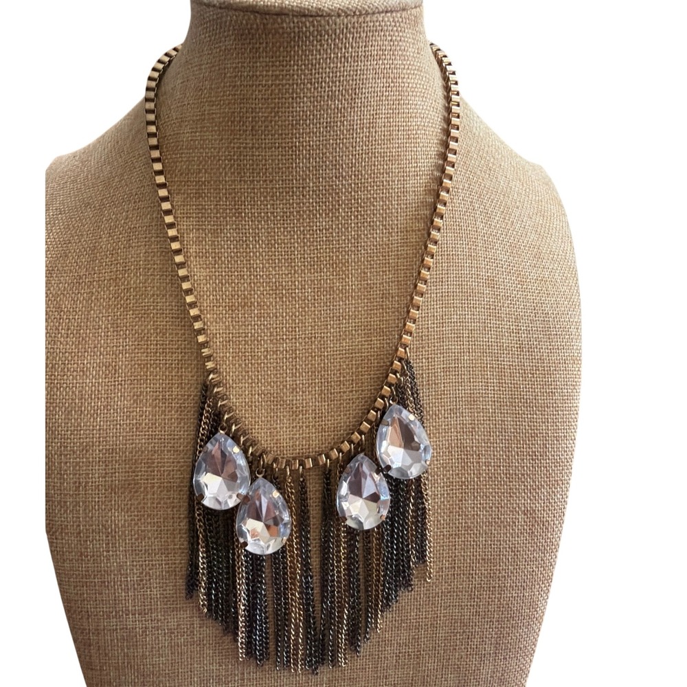 Gold Tone Multi Chain Fringe Statement Necklace Clear Teardrop Crystal Bib Boho